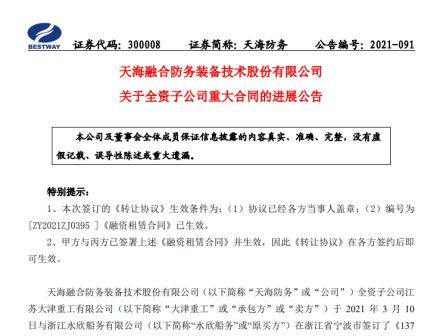 天海防務(wù)：變更大津重工137米打樁船合同買方