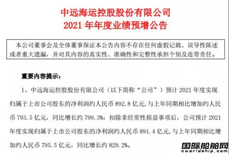 中遠(yuǎn)?？仡A(yù)計2021年凈利達(dá)892.8億元同比增長800%