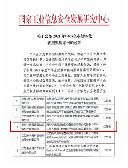 南京船配“5G+工業(yè)互聯網”融合應用案例成功入選國家典型案例