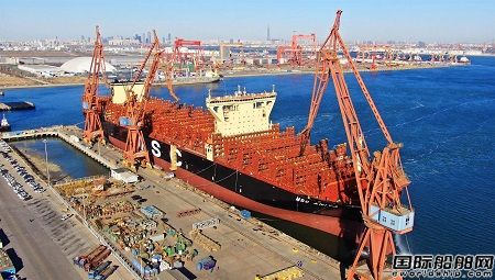 大船天津?yàn)榈刂泻：竭\(yùn)建造16000TEU集裝箱船5號船試航