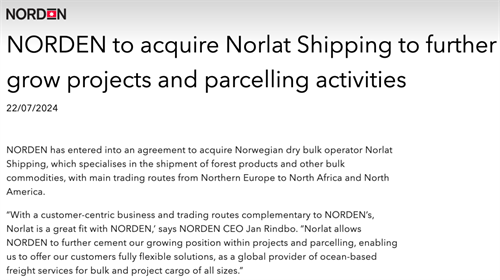 干散貨市場又一重大并購！Norden官宣收購Norlet