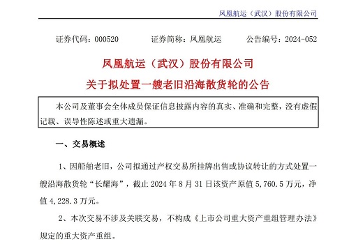 鳳凰航運擬處置一艘老舊沿海散貨船